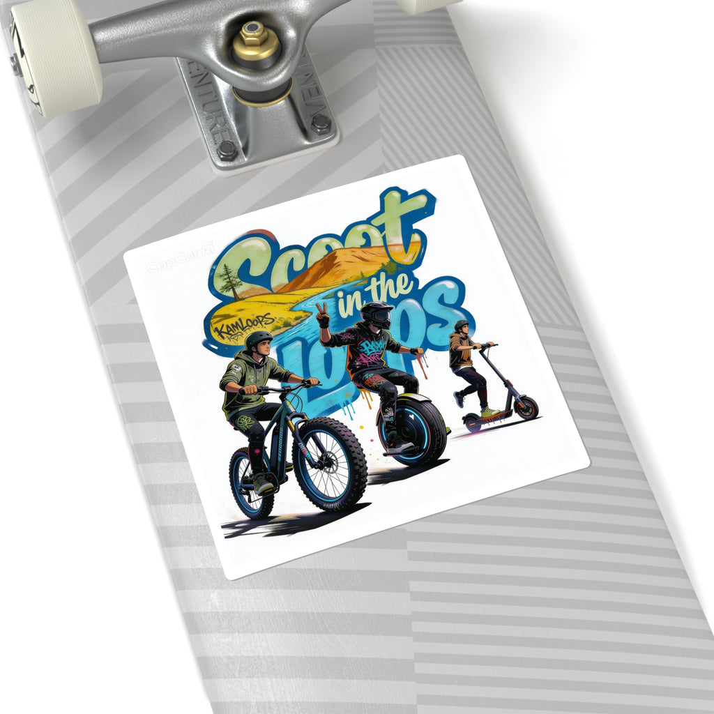 Scoot in the Loops Square Sticker — Electric Scooter & E-Bike Adventure Decal