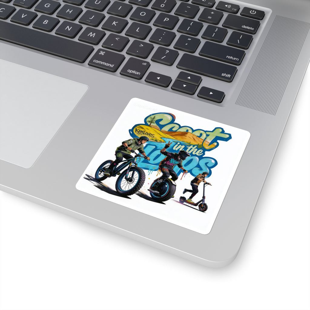 Scoot in the Loops Square Sticker — Electric Scooter & E-Bike Adventure Decal
