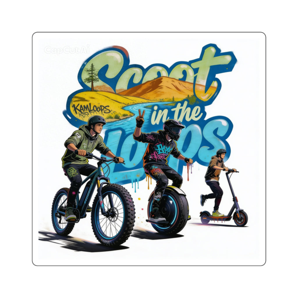 Scoot in the Loops Square Sticker — Electric Scooter & E-Bike Adventure Decal